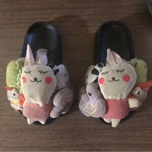 Kids Plush Character Slippers - Black and Pink 12/13C
